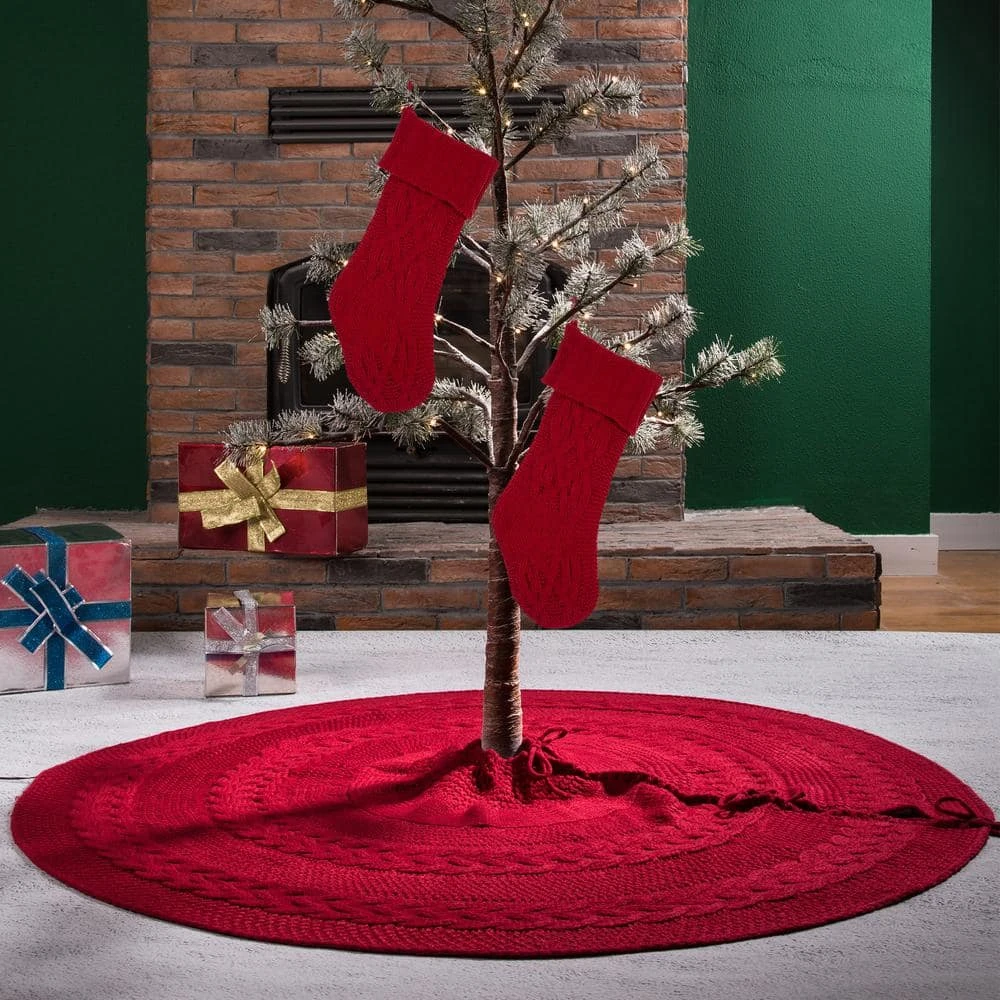 Set Of 3 Knitted Polyester Red Christmas Decoration (52 In. Tree Skirt/ 24 In. Stocking) 8 Set Of 3 Knitted Polyester Red Christmas Decoration (52 In. Tree Skirt/ 24 In. Stocking) - Image 6