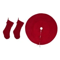 Set Of 3 Knitted Polyester Red Christmas Decoration (52 In. Tree Skirt/ 24 In. Stocking)