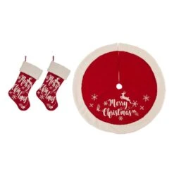 Set Of 3 Fabric Christmas Decoration (48 In. Tree Skirt And 21 In. Stocking)- Merry Christmas