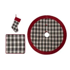 Set Of 3 Black And White Plaid Fabric Christmas Decoration (20 In. Stocking, 48 In. Tree Skirt And 18 In. Pillow Cover