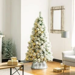 21.65 In. D Snowflake Diecut Metal Tree Collar With Light String (KD) -Christmas Decor Shop glitzhome christmas tree collars 1106203435 77 1000