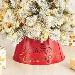 22 In. D Red Merry Christmas Cutout Metal Tree Collar With Light String (KD) -Christmas Decor Shop glitzhome christmas tree collars 2010600015 44 1000