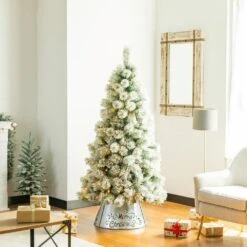 22 In. D Galvanized Merry Christmas Cutout Metal Tree Collar With Light String (KD) -Christmas Decor Shop glitzhome christmas tree collars 2010600016 77 1000