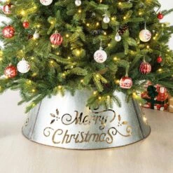 26 In. D Galvanized Merry Christmas Cutout Metal Tree Collar With Light String (KD) -Christmas Decor Shop glitzhome christmas tree collars 2010600017 44 1000