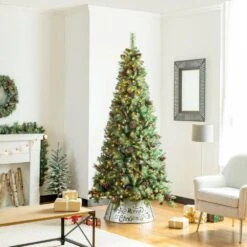 26 In. D Galvanized Merry Christmas Cutout Metal Tree Collar With Light String (KD) -Christmas Decor Shop glitzhome christmas tree collars 2010600017 77 1000