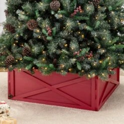 32 In. L Red Wooden Tree Collar (KD) -Christmas Decor Shop glitzhome christmas tree collars 2010600048 77 1000