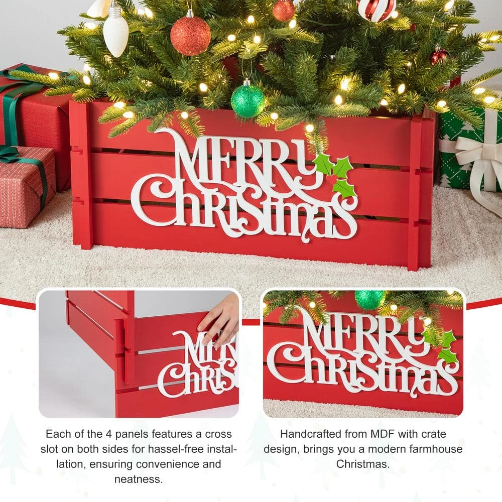 24 In. L Red "MERRY CHRISTMAS" Wooden Crate Tree Collar 6 24 In. L Red "MERRY CHRISTMAS" Wooden Crate Tree Collar - Image 4