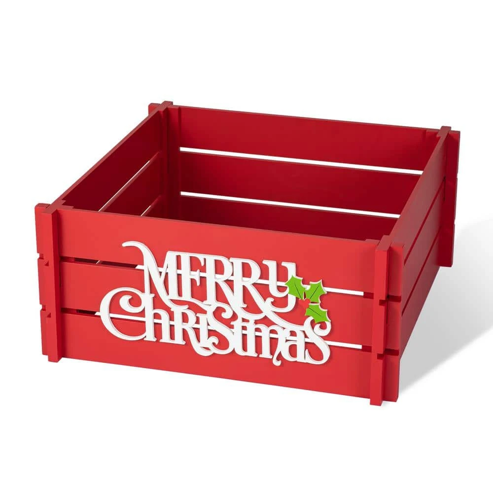 24 In. L Red "MERRY CHRISTMAS" Wooden Crate Tree Collar 3 24 In. L Red "MERRY CHRISTMAS" Wooden Crate Tree Collar