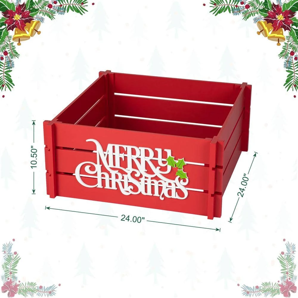 24 In. L Red "MERRY CHRISTMAS" Wooden Crate Tree Collar 5 24 In. L Red "MERRY CHRISTMAS" Wooden Crate Tree Collar - Image 3