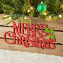 27 In. L Natural Wooden "MERRY CHRISTMAS" Solid Wood Crate Tree Collar -Christmas Decor Shop glitzhome christmas tree collars 2010600060 1f 1000