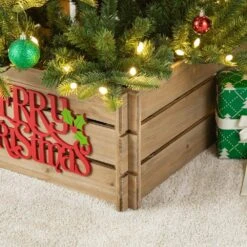 27 In. L Natural Wooden "MERRY CHRISTMAS" Solid Wood Crate Tree Collar -Christmas Decor Shop glitzhome christmas tree collars 2010600060 44 1000