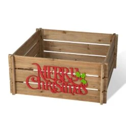 27 In. L Natural Wooden "MERRY CHRISTMAS" Solid Wood Crate Tree Collar