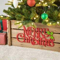 24 In. L Natural Wooden "MERRY CHRISTMAS" Solid Wood Crate Tree Collar -Christmas Decor Shop glitzhome christmas tree collars 2010600061 1f 1000