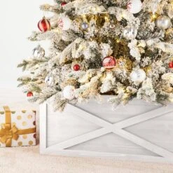 26 In. L Washed White Wooden Tree Collar -Christmas Decor Shop glitzhome christmas tree collars 2010600071 44 1000