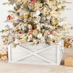 26 In. L Washed White Wooden Tree Collar -Christmas Decor Shop glitzhome christmas tree collars 2010600071 76 1000