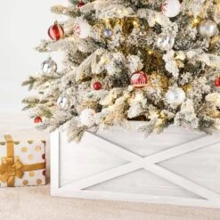 32.25 In. L Washed White Wooden Tree Collar -Christmas Decor Shop glitzhome christmas tree collars 2010600073 fa 1000