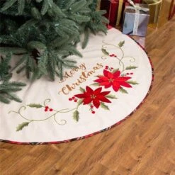 48 In. D Fabric Christmas Tree Skirt In Poinsettia -Christmas Decor Shop glitzhome christmas tree skirts 1113202457 31 1000