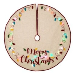 48 In. D LED Embroidered Linen Christmas Tree Skirt - Merry Christmas