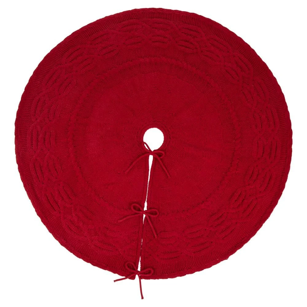 52 In. D Knitted Polyester Red Christmas Tree Skirt 3 52 In. D Knitted Polyester Red Christmas Tree Skirt