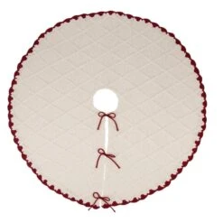 52 In. D Knitted Polyester White Christmas Tree Skirt With Red Trim And Pompom