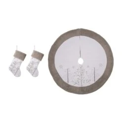 48 In. Tree Skirt And 21 In. H Stocking (Set Of 3 White Fleece Christmas Decorations)