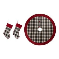 48 In. D Black And White Plaid Fabric Christmas Tree Skirt And 2-Pack 20 In. Stocking (Set Of 3)