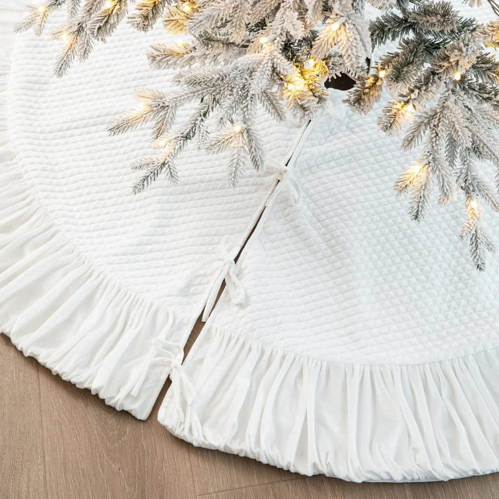 60 In. D Oversized Deluxe White Velvet Ruffled Christmas Tree Skirt 6 60 In. D Oversized Deluxe White Velvet Ruffled Christmas Tree Skirt - Image 4