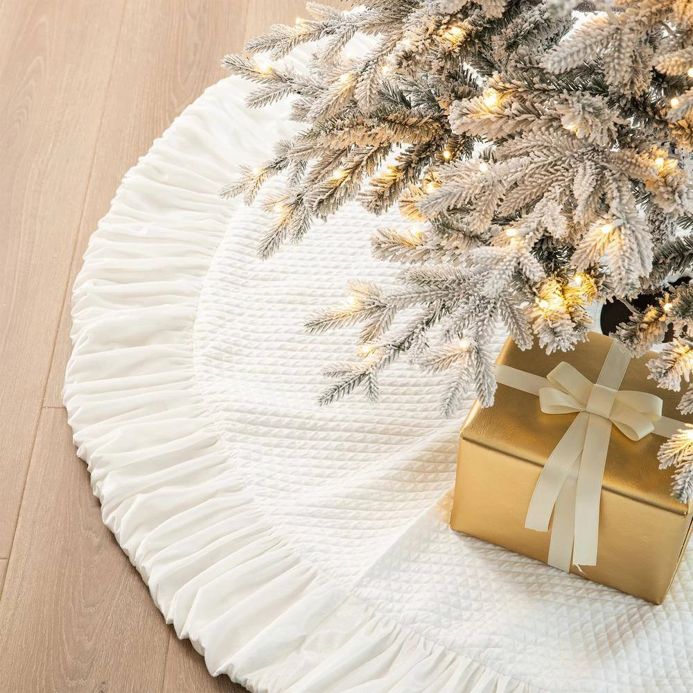72 In. D Oversized Deluxe White Velvet Ruffled Christmas Tree Skirt 9 72 In. D Oversized Deluxe White Velvet Ruffled Christmas Tree Skirt - Image 7