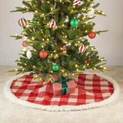 48 In. D Red And White Plaid Reversible Sherpa/Flannel Christmas Tree Skirt -Christmas Decor Shop glitzhome christmas tree skirts 2020100010 e1 1000