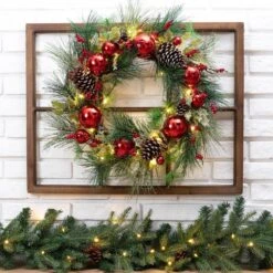 7 In. Wooden Window Frame With LED Pre-Lit Pinecone And Ornament Wreath -Christmas Decor Shop glitzhome christmas wall decorations 2005500044 31 1000