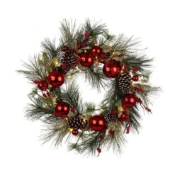 7 In. Wooden Window Frame With LED Pre-Lit Pinecone And Ornament Wreath -Christmas Decor Shop glitzhome christmas wall decorations 2005500044 e1 1000