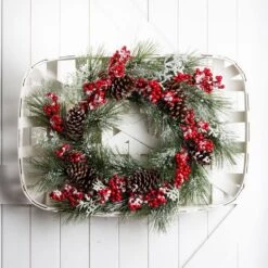 24 In. Artificial Dia Flocked Pinecone And Berry Wreath With Wooden Tobacco Basket -Christmas Decor Shop glitzhome christmas wreaths 1115203522 31 1000