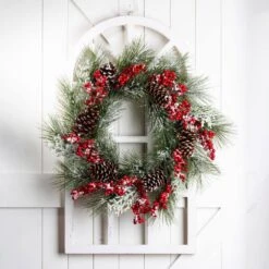 24 In. Artificial Dia Flocked Pinecone And Berry Wreath With Wooden Window Frame -Christmas Decor Shop glitzhome christmas wreaths 1115203523 31 1000