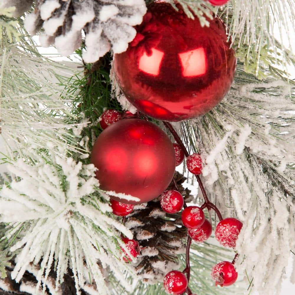 24 In. Artificial Dia Flocked Pinecone And Ornament Wreath With Wooden Tobacco Basket 6 24 In. Artificial Dia Flocked Pinecone And Ornament Wreath With Wooden Tobacco Basket - Image 4