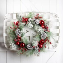 24 In. Artificial Dia Flocked Pinecone And Ornament Wreath With Wooden Tobacco Basket 13 24 In. Artificial Dia Flocked Pinecone And Ornament Wreath With Wooden Tobacco Basket -Christmas Decor Shop glitzhome christmas wreaths 1115203527 31 1000