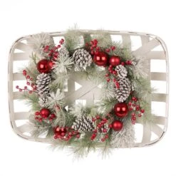 24 In. Artificial Dia Flocked Pinecone And Ornament Wreath With Wooden Tobacco Basket