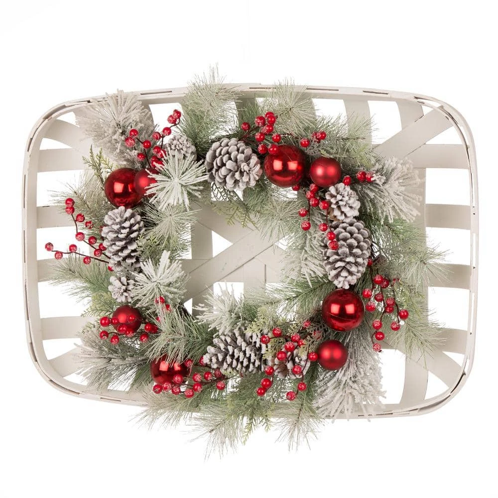 24 In. Artificial Dia Flocked Pinecone And Ornament Wreath With Wooden Tobacco Basket 3 24 In. Artificial Dia Flocked Pinecone And Ornament Wreath With Wooden Tobacco Basket