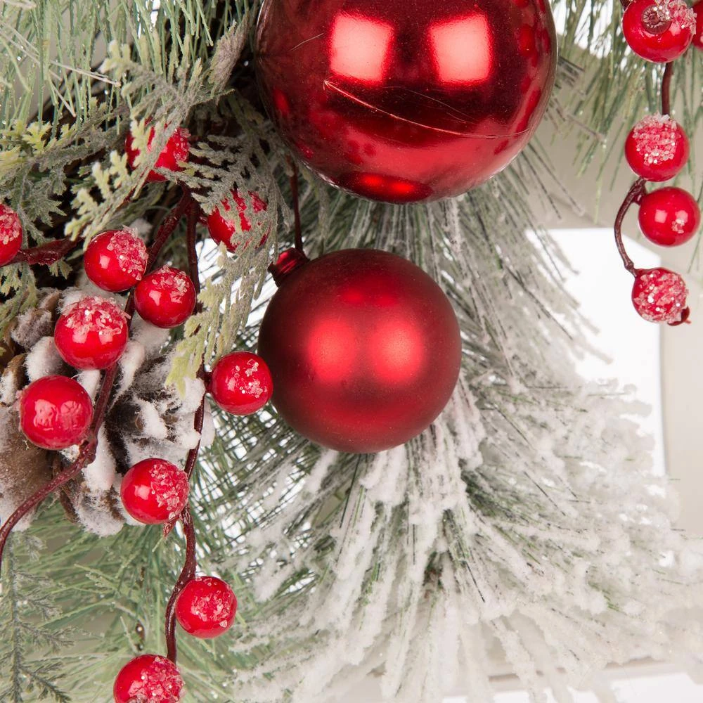 24 In. Artificial Dia Flocked Pinecone And Ornament Wreath With Wooden Tobacco Basket 5 24 In. Artificial Dia Flocked Pinecone And Ornament Wreath With Wooden Tobacco Basket - Image 3