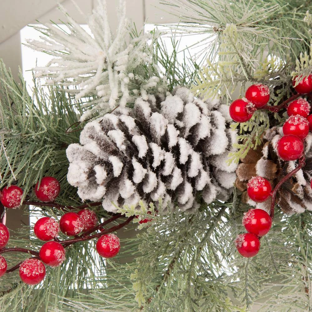 24 In. Artificial Dia Flocked Pinecone And Ornament Wreath With Wooden Tobacco Basket 4 24 In. Artificial Dia Flocked Pinecone And Ornament Wreath With Wooden Tobacco Basket - Image 2