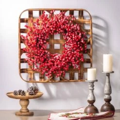 22 In. Artificial Dia Red Berry Wreath With Bamboo Tobacco Basket -Christmas Decor Shop glitzhome christmas wreaths 1115203530 31 1000