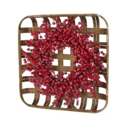 22 In. Artificial Dia Red Berry Wreath With Bamboo Tobacco Basket