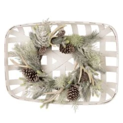 24 In. Artificial Dia Flocked Pinecone And Antler Wreath With Wooden Tobacco Basket