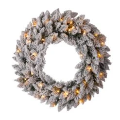 24 In. D Pre-Lit Snow Flocked Artificial Christmas Wreath With Warm White LED Light