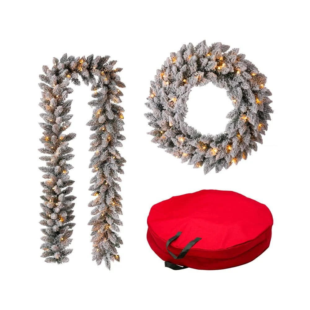 24 In. Dia Pre-Lit Snow Flocked Christmas Wreath And 9 Ft. L Garland Set With 30 In. Dia Red Canvas Storage Bag 3 24 In. Dia Pre-Lit Snow Flocked Christmas Wreath And 9 Ft. L Garland Set With 30 In. Dia Red Canvas Storage Bag
