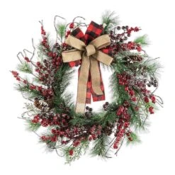 24 In. D Unlit Frosted Berry, Pine With Bowknot Artificial Christmas Wreath