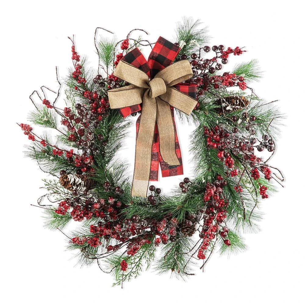24 In. D Unlit Frosted Berry, Pine With Bowknot Artificial Christmas Wreath 3 24 In. D Unlit Frosted Berry, Pine With Bowknot Artificial Christmas Wreath