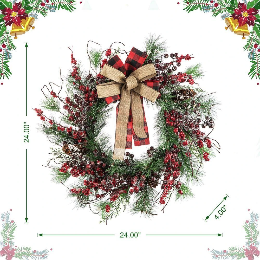 24 In. D Unlit Frosted Berry, Pine With Bowknot Artificial Christmas Wreath 6 24 In. D Unlit Frosted Berry, Pine With Bowknot Artificial Christmas Wreath - Image 4