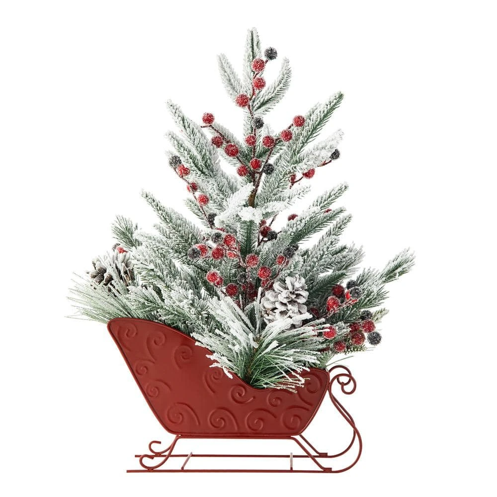 21 In. H Christmas Red Sleigh Frosted Floral Centerpiece 4 21 In. H Christmas Red Sleigh Frosted Floral Centerpiece - Image 2
