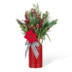 35 In. H Poinsettia Floral Potted Artificial Christmas Wreath Porch Tree