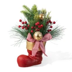 14 In. H Red Boot With Pine Needle And Berry Artificial Christmas Wreath Centerpiece